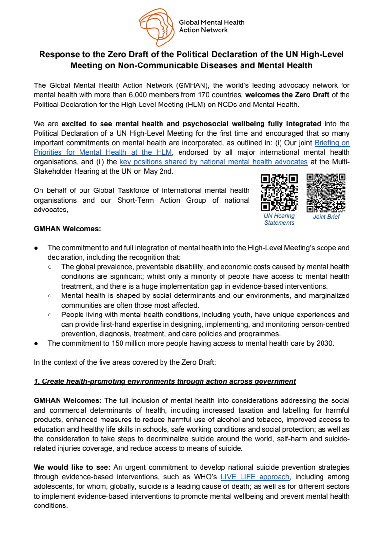 GMHAN response to the Zero Draft of the Political Declaration of the UN High-Level Meeting on NCDs and Mental Health