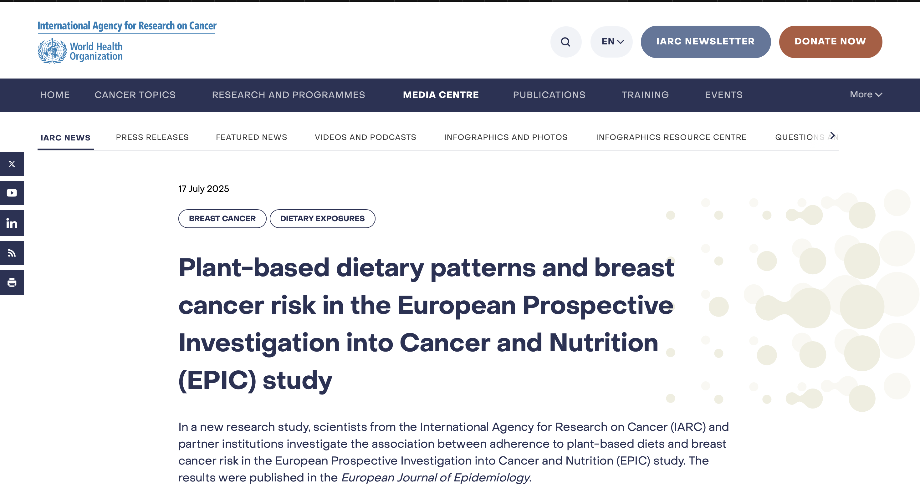 

<!-- THEME DEBUG -->
<!-- THEME HOOK: 'field' -->
<!-- FILE NAME SUGGESTIONS:
   ▪️ field--node--title--community-noticeboard.html.twig
   ✅ field--node--title.html.twig
   ▪️ field--node--community-noticeboard.html.twig
   ▪️ field--title.html.twig
   ▪️ field--string.html.twig
   ▪️ field.html.twig
-->
<!-- 💡 BEGIN CUSTOM TEMPLATE OUTPUT from 'themes/custom/whokap/templates/field/field--node--title.html.twig' -->
IARC researchers and partners investigating association between plant-based diets and Breast Cancer risk find that a higher adherence to plant-based diets is associated with an 11% reduction in breast cancer risk. Find out more:
<!-- END CUSTOM TEMPLATE OUTPUT from 'themes/custom/whokap/templates/field/field--node--title.html.twig' -->

