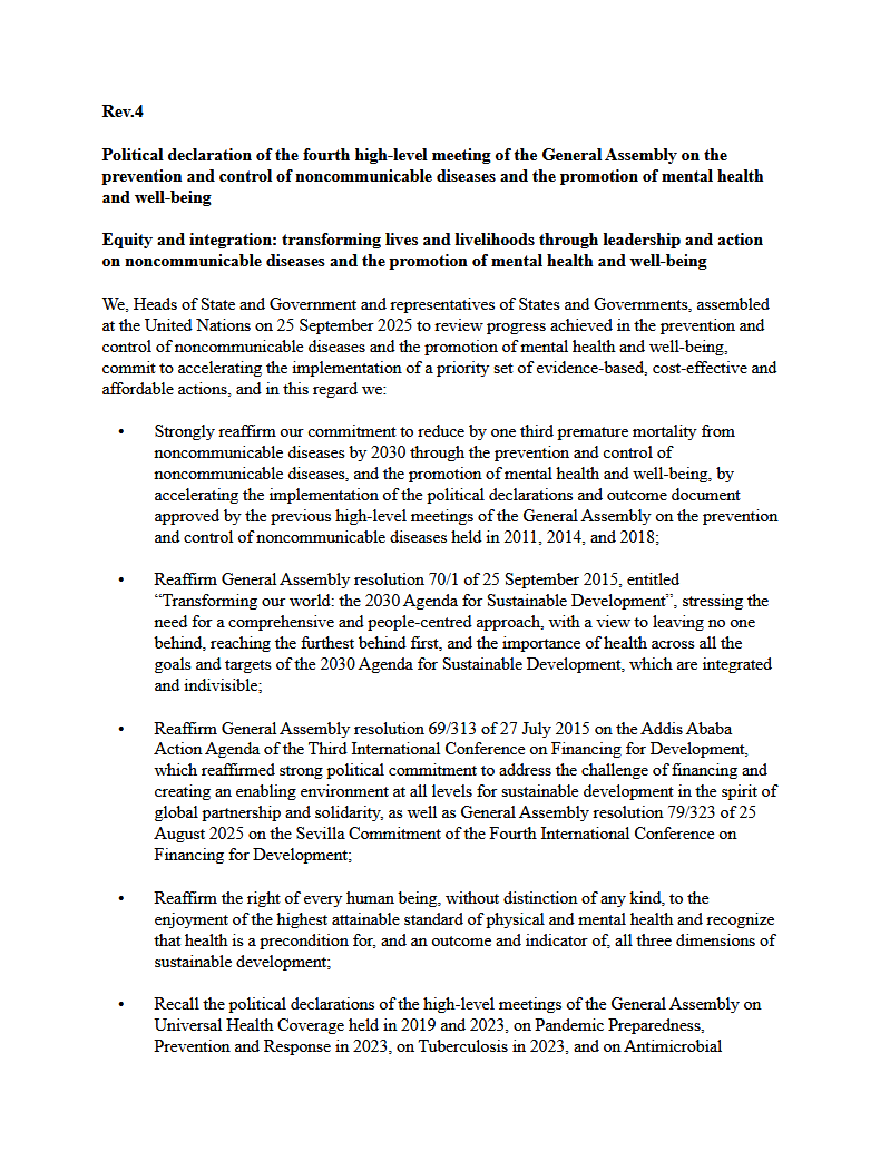 Rev. 4 of the political declaration of the fourth high-level meeting of the General Assembly on the prevention and control of noncommunicable diseases and the promotion of mental health and well-being
