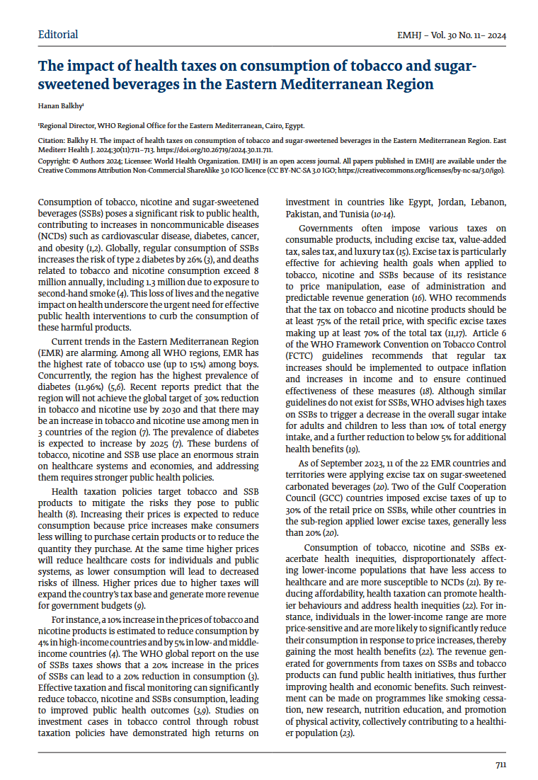 How taxes on tobacco, nicotine and sugar sweetened beverages help save lives (Eastern Mediterranean Health Journal special edition)