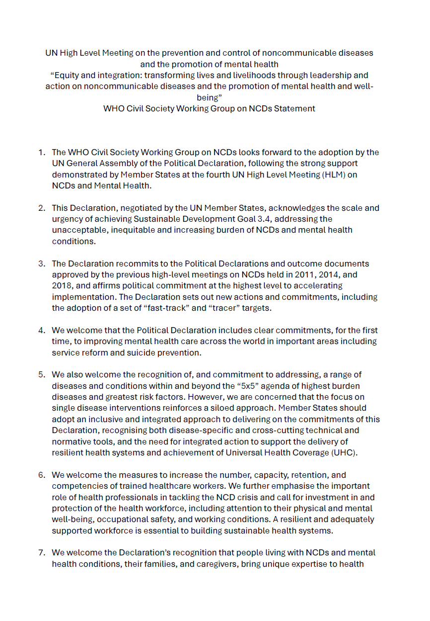 WHO Civil Society Working Group on NCDs Statement on the UN High Level Meeting on the prevention and control of noncommunicable diseases and the promotion of mental health 