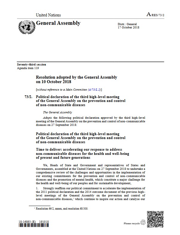  Political declaration of the 3rd High-Level Meeting of the General Assembly on the Prevention and Control of Non-Communicable Diseases : resolution / adopted by the General Assembly 