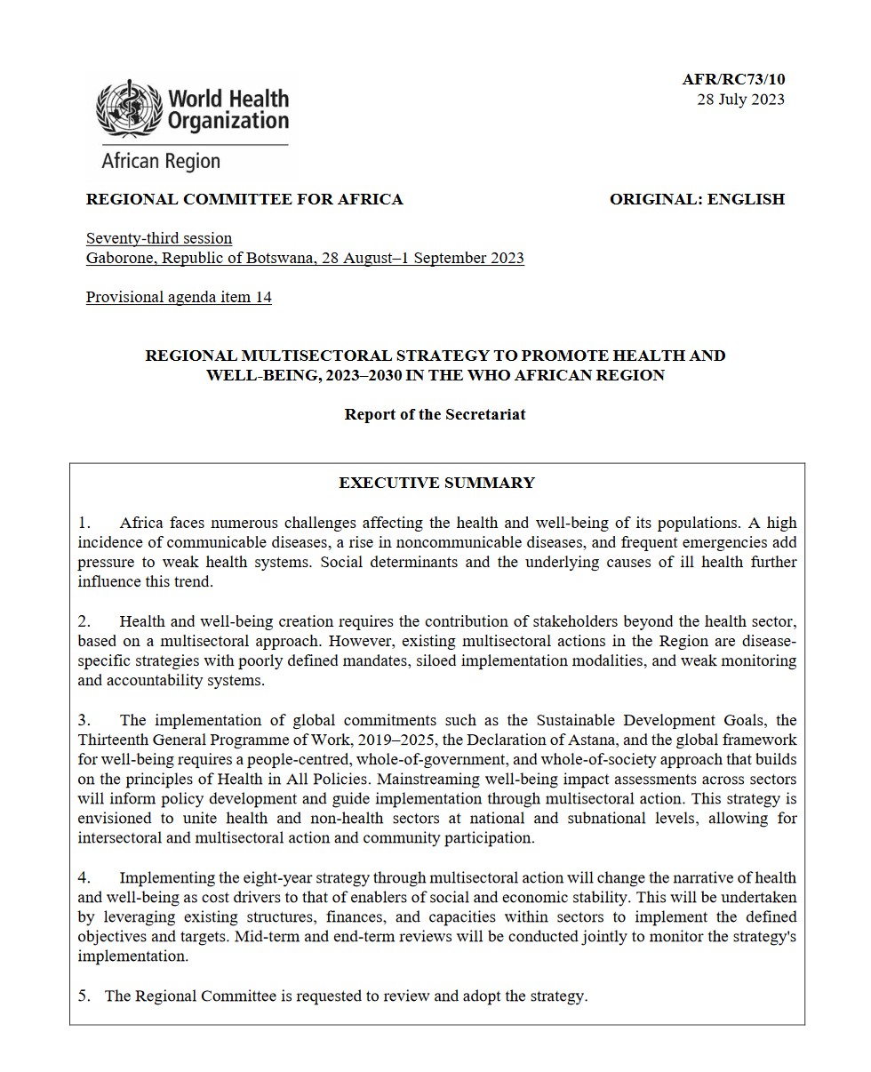 Regional multisectoral strategy to promote health and well-being, 2023–2030 in the WHO African Region: report of the Secretariat