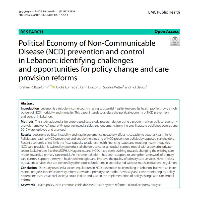 Political Economy of Non-Communicable Disease (NCD) prevention and control in Lebanon: identifying challenges and opportunities for policy change and care provision reforms