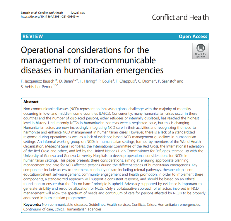Operational considerations for the management of non-communicable diseases in humanitarian emergencies