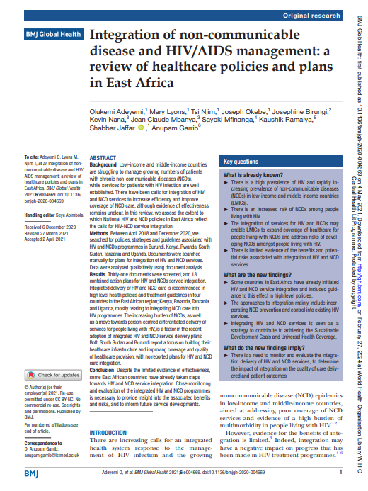 Integration of non-communicable disease and HIV/AIDS management: a review of healthcare policies and plans in East Africa