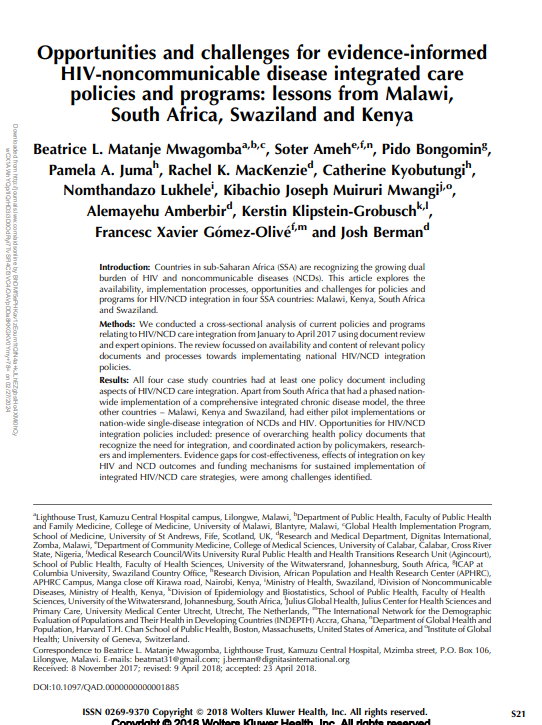 Opportunities and challenges for evidence-informed HIV-noncommunicable disease integrated care policies and programs lessons from Malawi, South Africa, Swaziland and Kenya