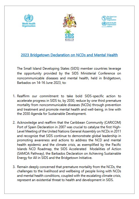 2023 Bridgetown declaration on NCDs and mental health