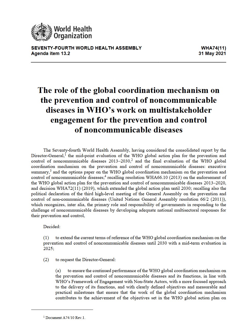 WHA Decision 74(11): the role of the the GCM/NCD in WHO’s work