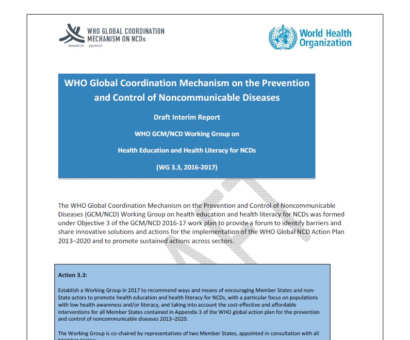 WHO GCM/NCD working group on health literacy and health education and health literacy for NCDs (WG 3.3, 2016-2017)
