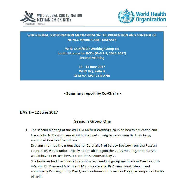 WHO GCM/NCD working group on health literacy and health education for NCDs (WG 3.3, 2016-2017) - second meeting