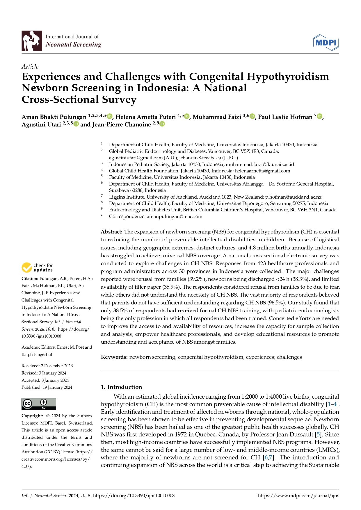 Experiences and Challenges with Congenital Hypothyroidism Newborn Screening in Indonesia: A National Cross-Sectional Survey