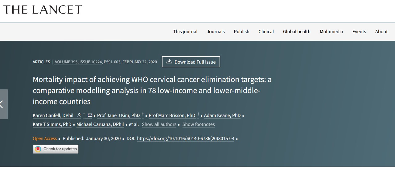 Mortality impact of achieving WHO cervical cancer elimination targets: a comparative modelling analysis in 78 low-income and lower-middle-income countries