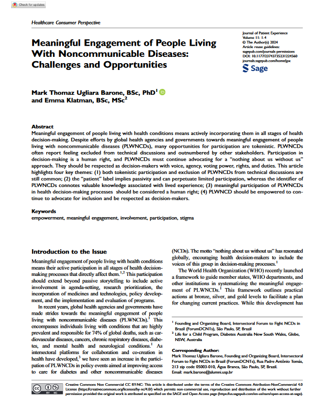 Meaningful Engagement of People Living With Noncommunicable Diseases: Challenges and Opportunities