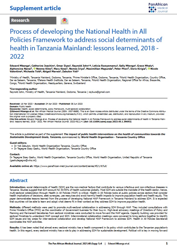Process of developing the National Health in All Policies Framework to address social determinants of health in Tanzania Mainland: lessons learned, 2018 - 2022