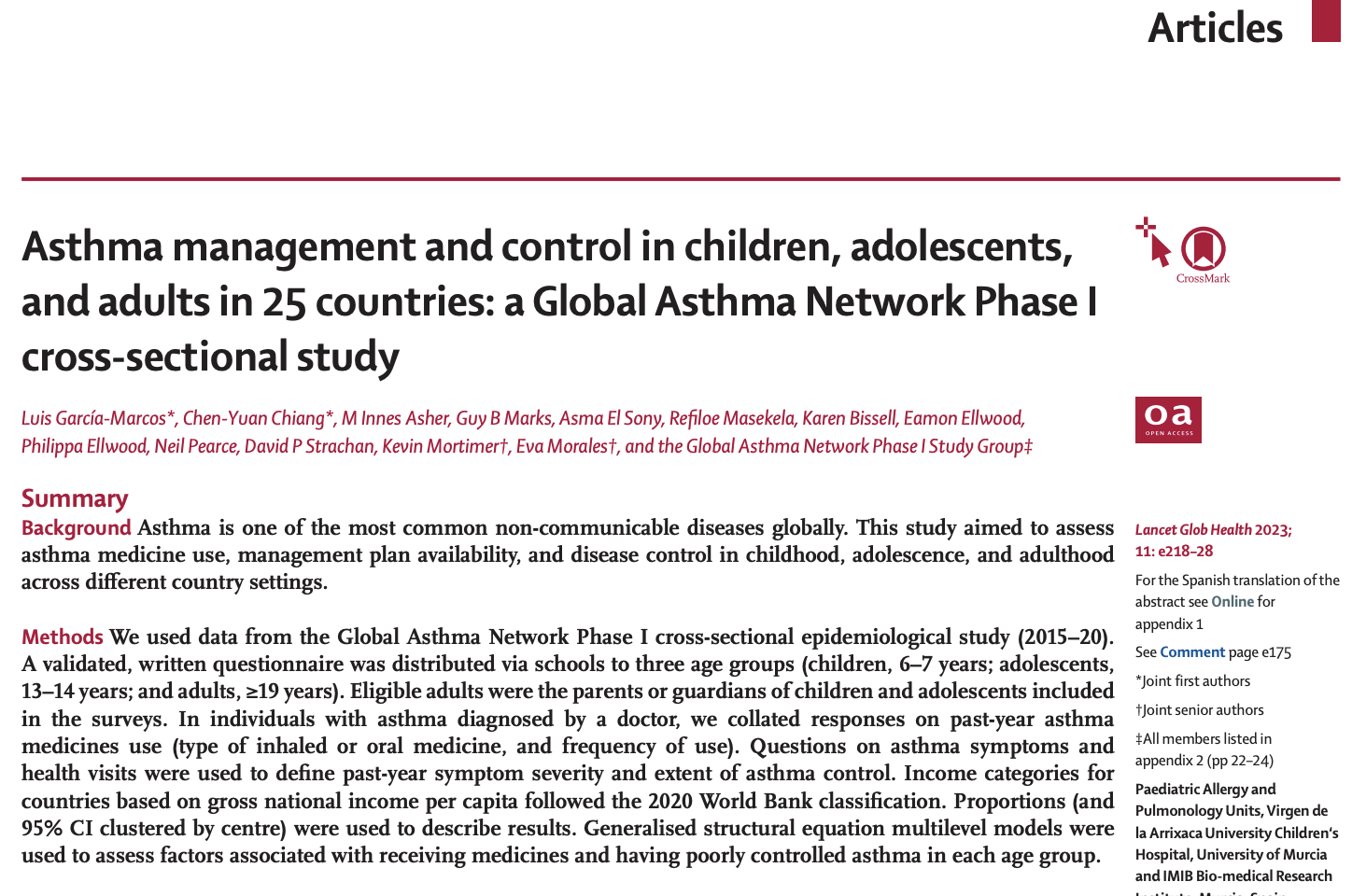 Asthma management and control in children, adolescents, and adults in 25 countries: a Global Asthma Network Phase I cross-sectional study