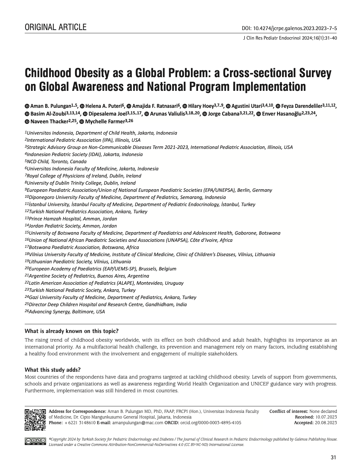 Childhood Obesity as a Global Problem: a Cross-sectional Survey on Global Awareness and National Program Implementation
