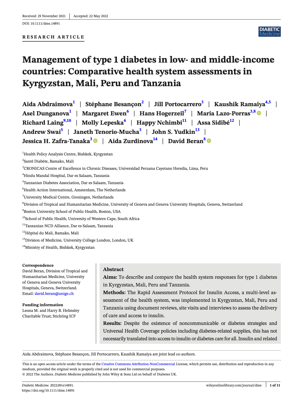 Management of type 1 diabetes in low-  and middle- income countries: Comparative health system assessments in Kyrgyzstan, Mali, Peru and Tanzania