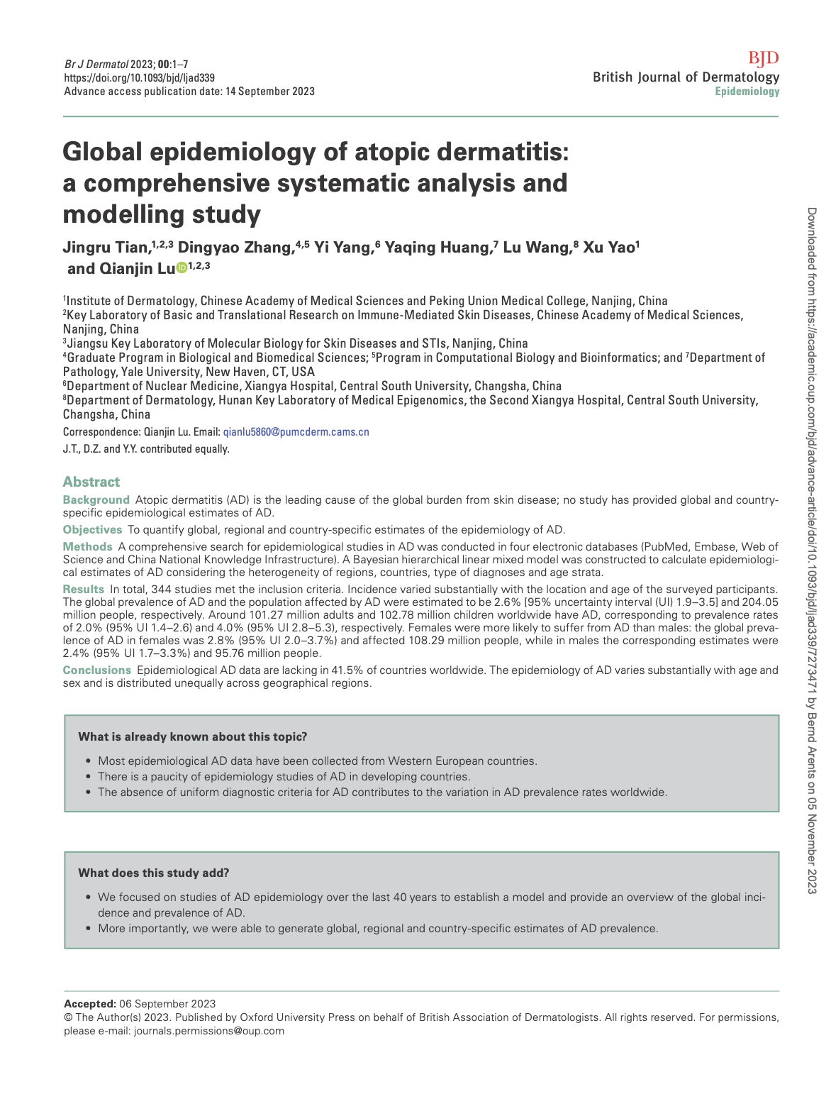 Global epidemiology of atopic dermatitis:  a comprehensive systematic analysis and  modelling study